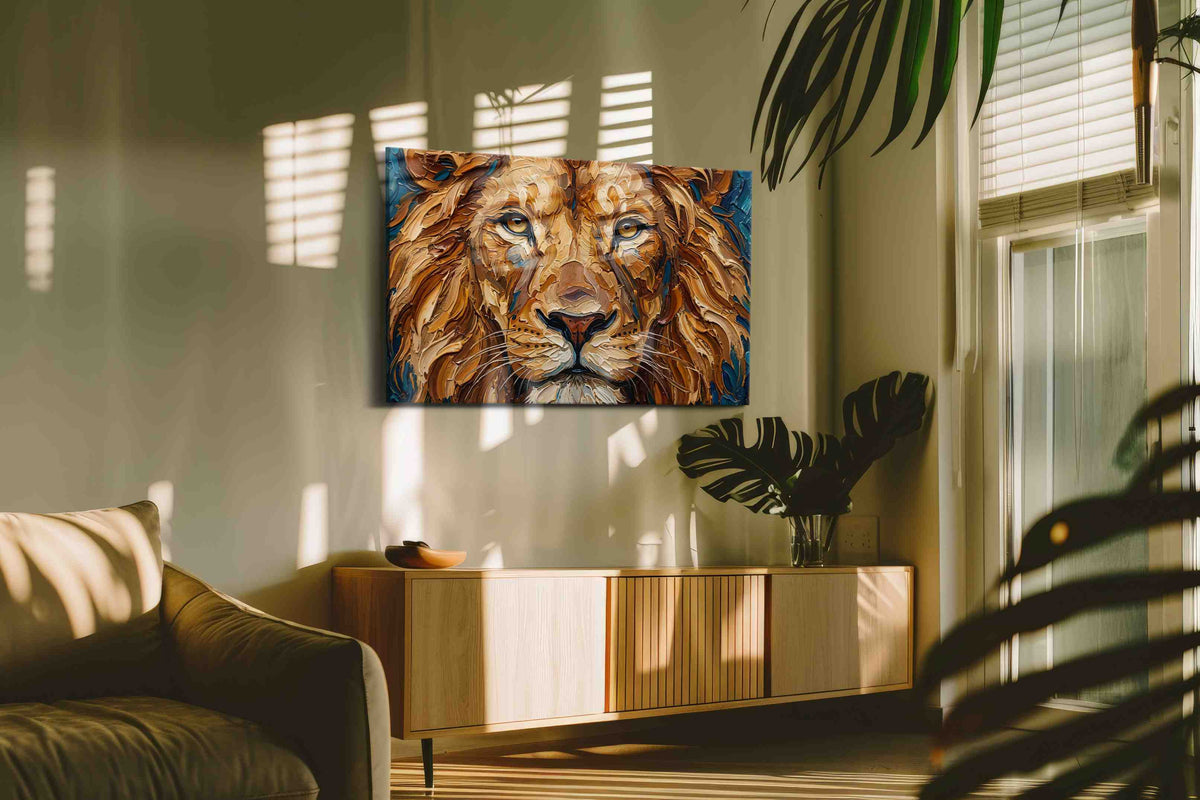 Majestic Guardian of the Savannah cats canvas print, displayed in a living room