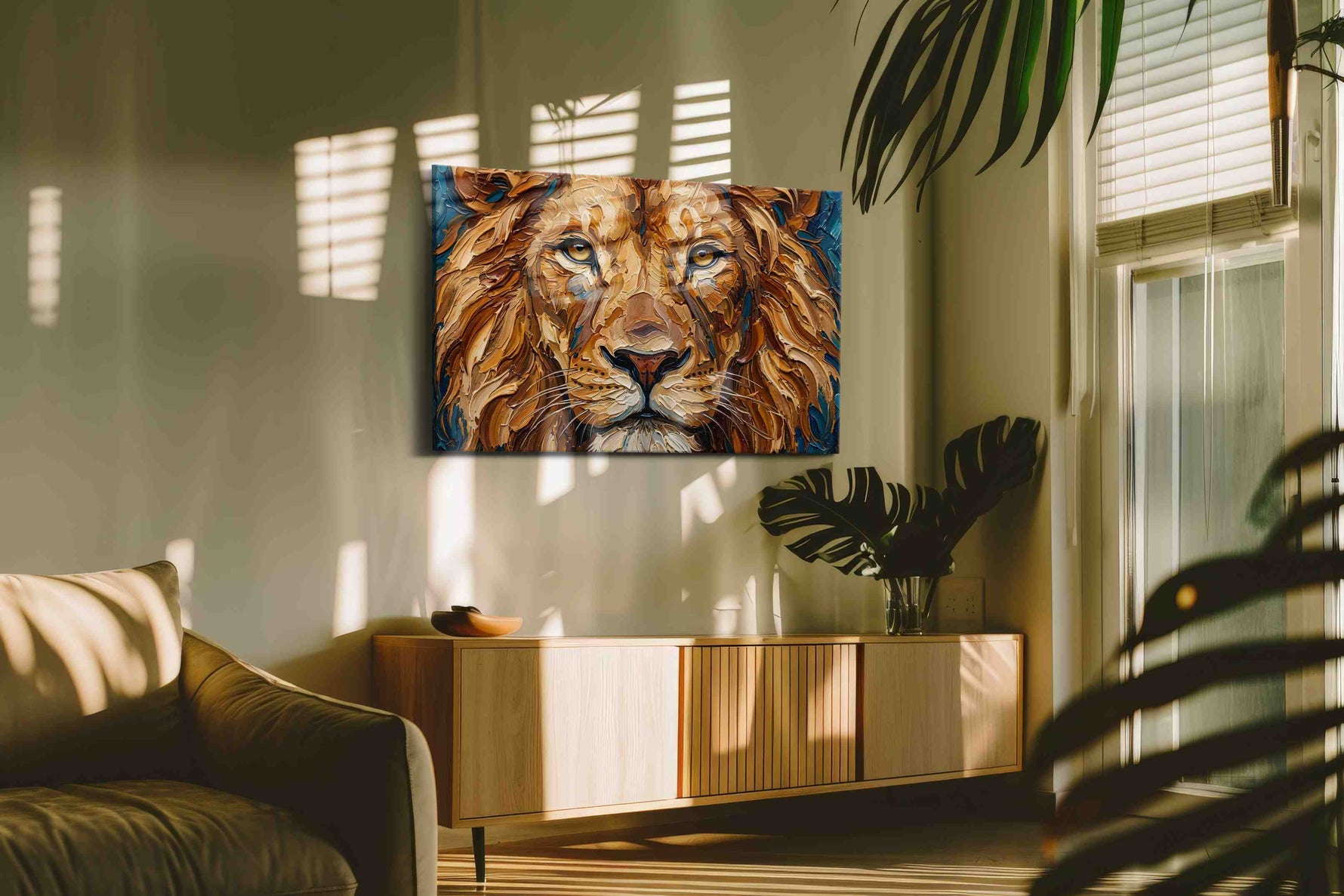 Majestic Guardian of the Savannah cats canvas print, displayed in a living room