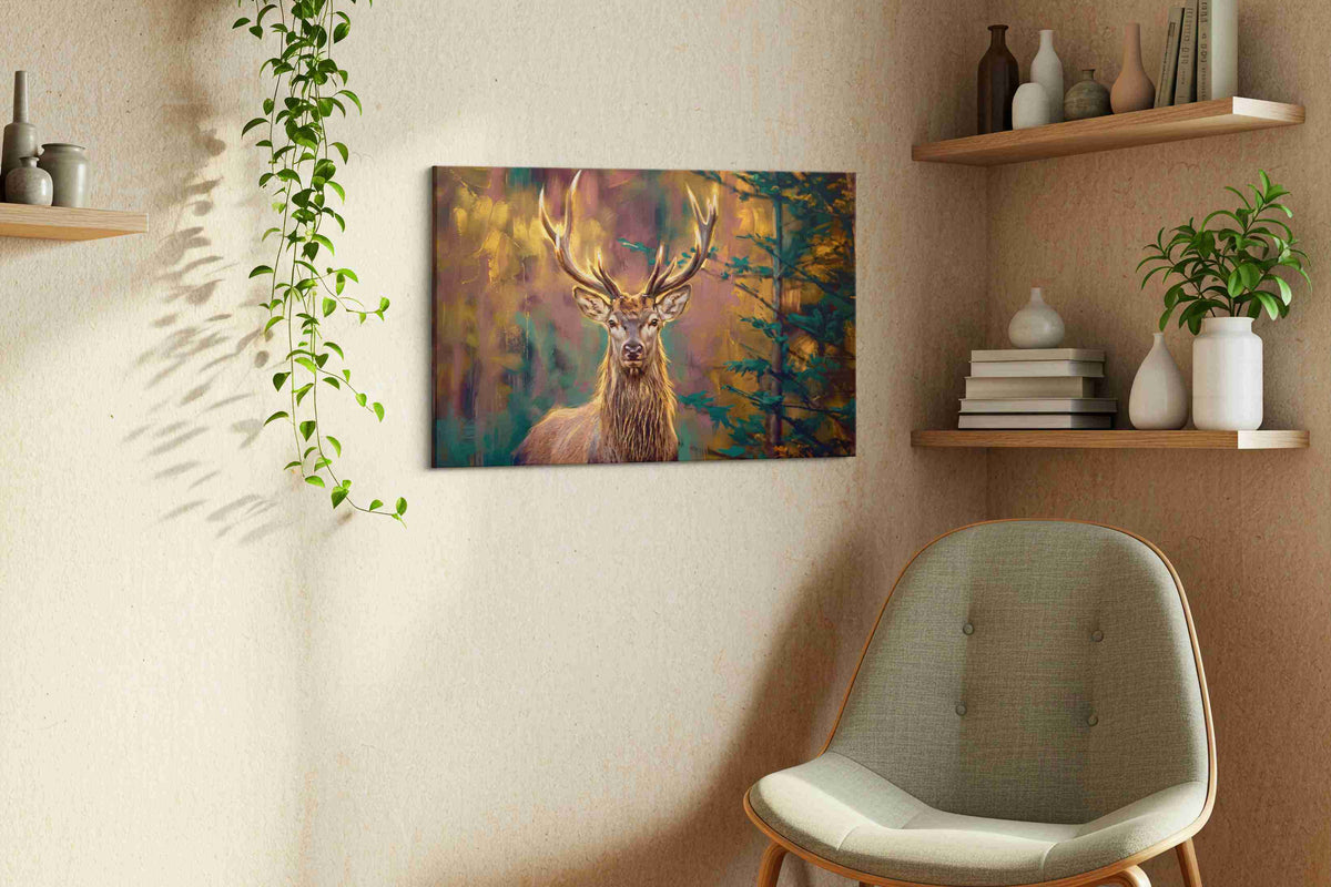 Majestic Woodland Gaze animals canvas print, displayed in a living room