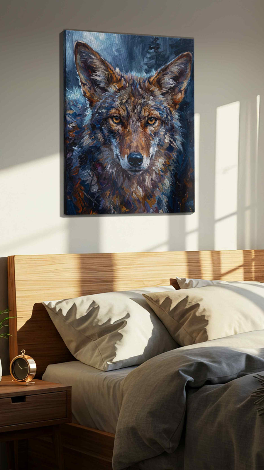 Moonlit Gaze of the Wild wolf canvas print, displayed in a bedroom
