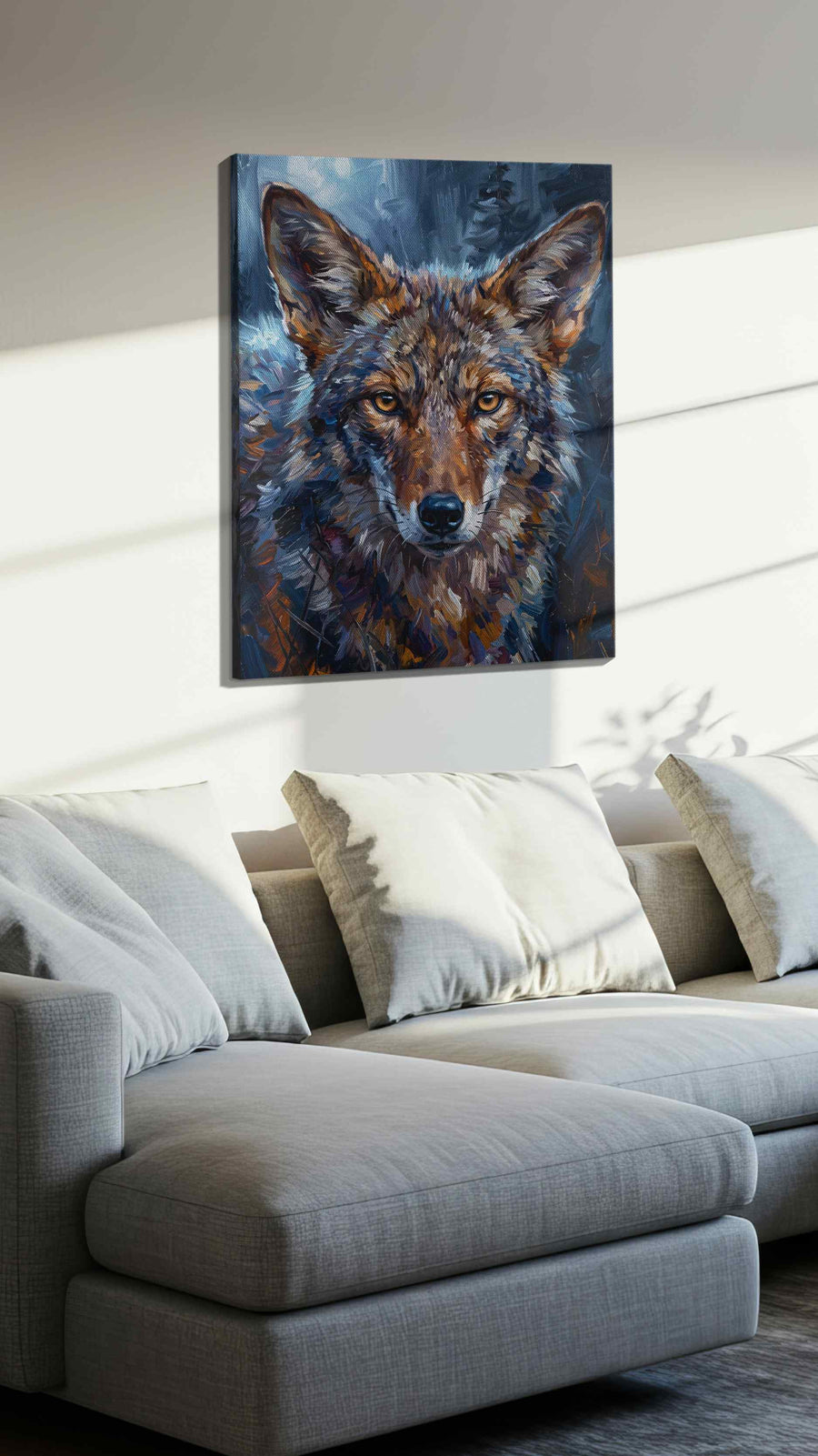 Moonlit Gaze of the Wild wolf canvas print, displayed in a living room