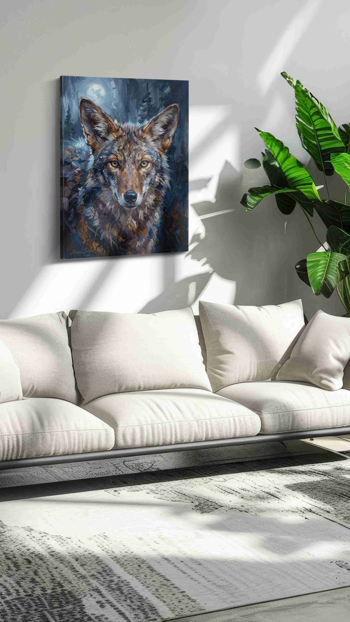 Moonlit Gaze of the Wild (Animals) - Wolf, Wolf Wall Art, Wildlife Canvas Print, Nature Predator Art in a hung canvas mockup