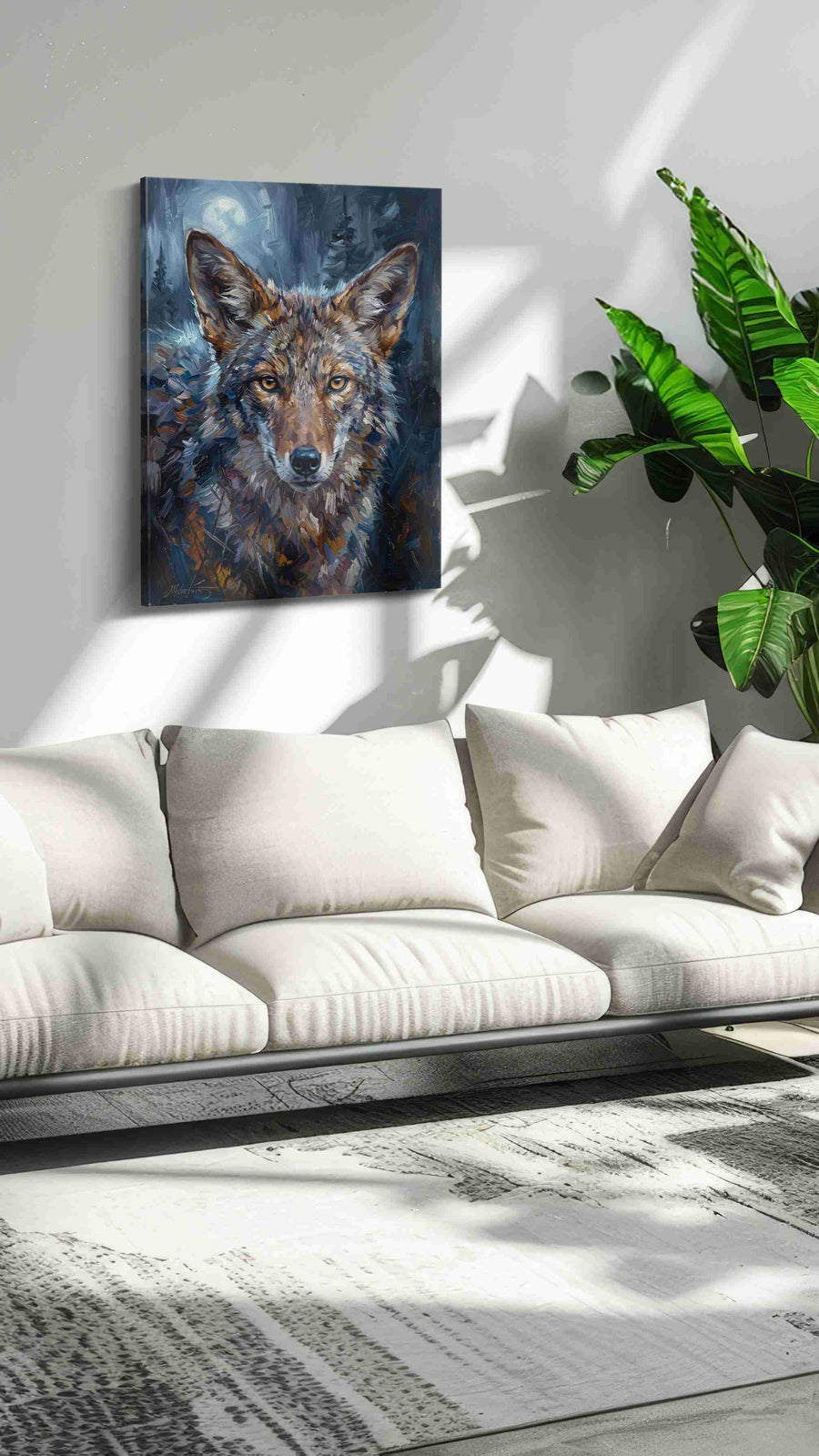 Moonlit Gaze of the Wild (Animals) - Wolf, Wolf Wall Art, Wildlife Canvas Print, Nature Predator Art in a hung canvas mockup