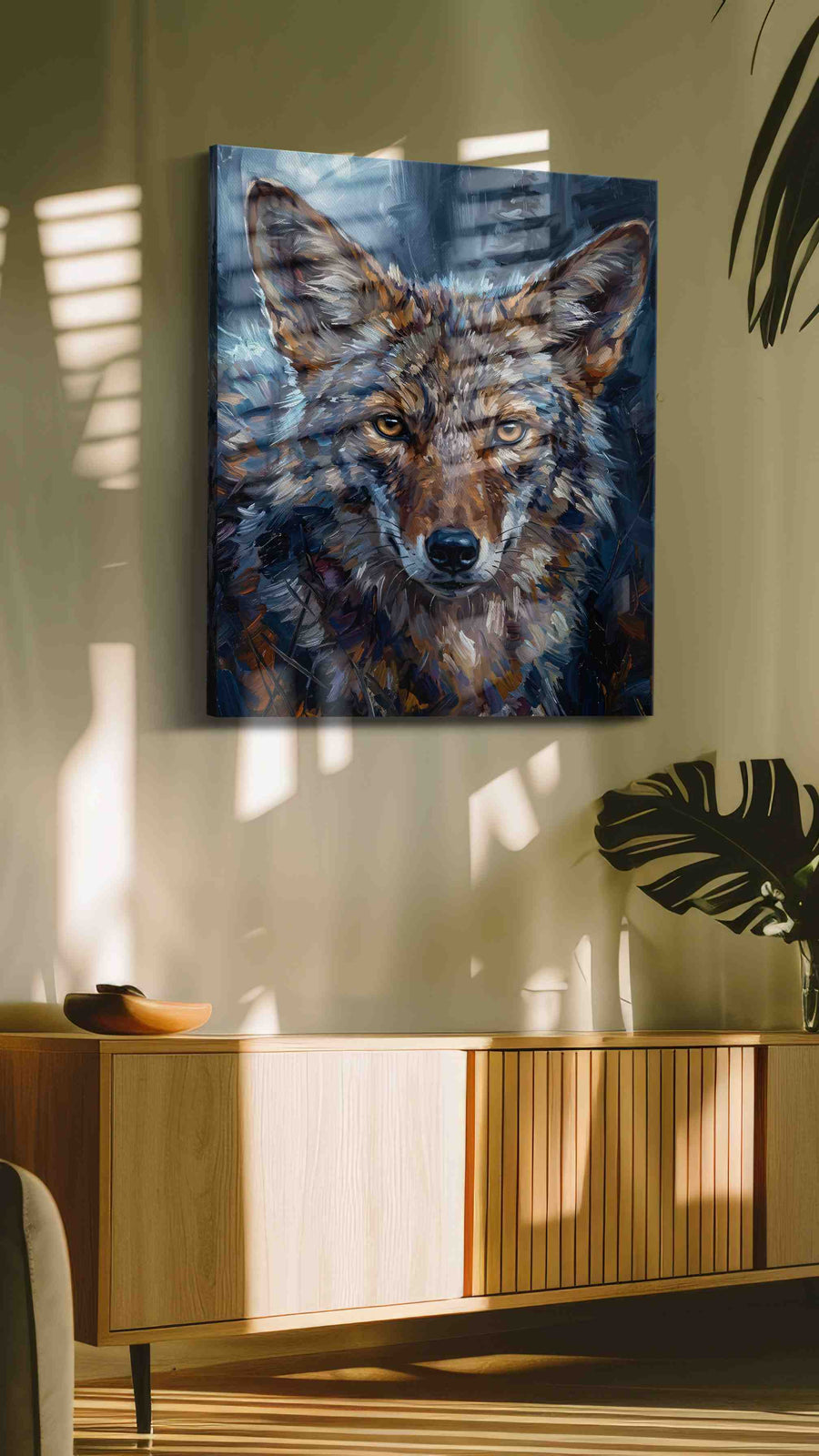 Moonlit Gaze of the Wild wolf canvas print, on wall, lifestyle preview