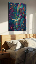 Mystical Elephant Dreams animals canvas print, displayed in a bedroom
