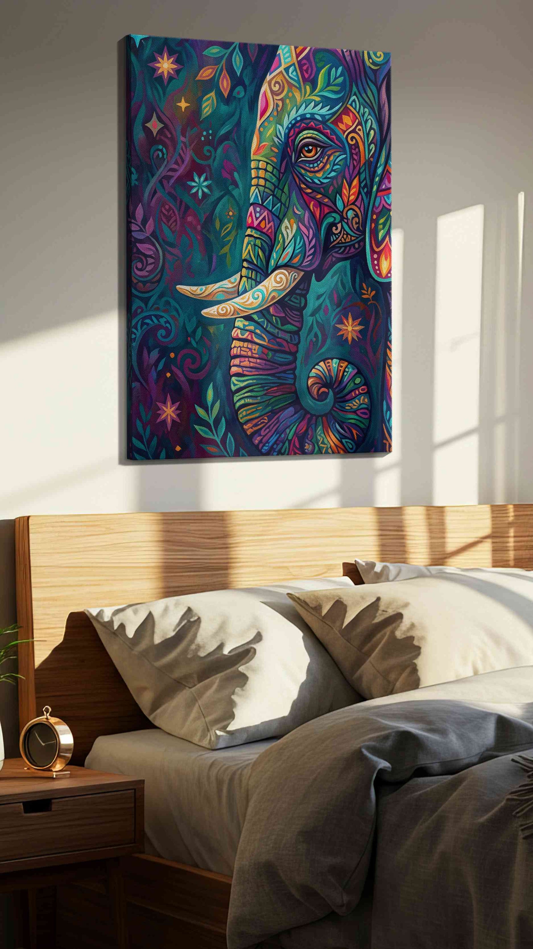 Mystical Elephant Dreams animals canvas print, displayed in a bedroom
