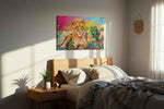Savanna Serenade animals canvas print, displayed in a bedroom