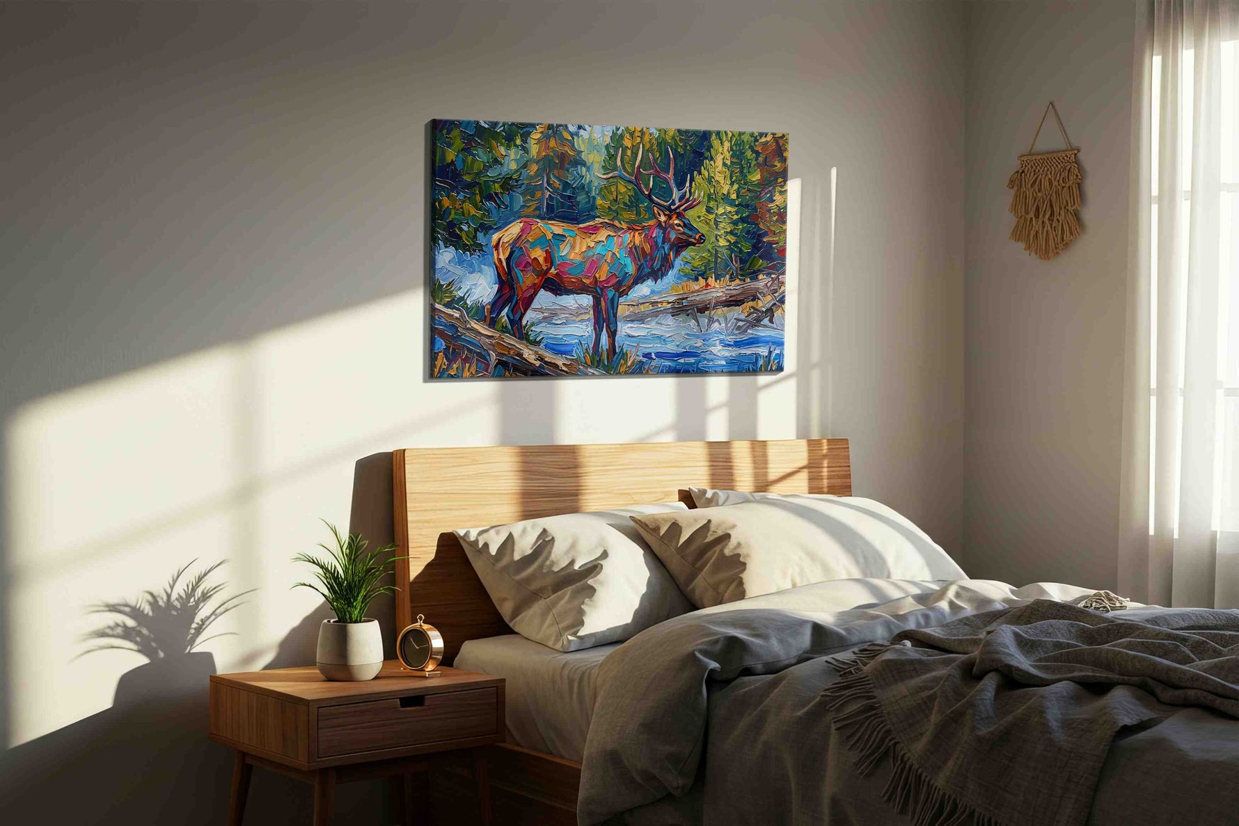The Vibrant Wilderness Stag animals canvas print, displayed in a bedroom