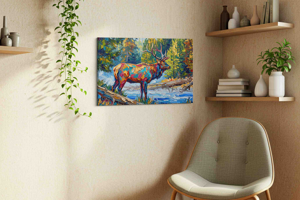 The Vibrant Wilderness Stag animals canvas print, hanging on wall