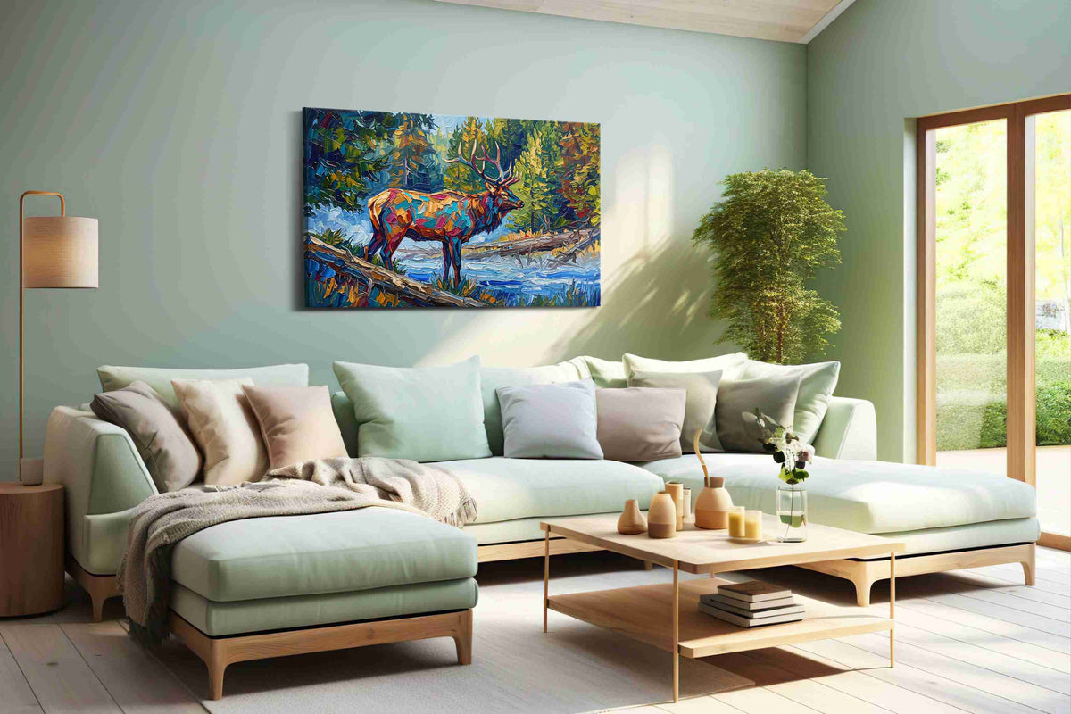 The Vibrant Wilderness Stag animals canvas print shown in a wall scene