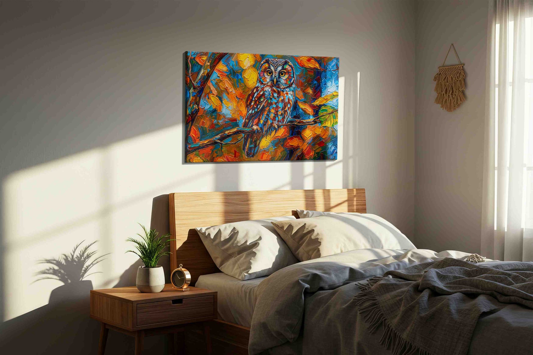 Vibrant Autumn Sentinel animals canvas print, displayed in a bedroom