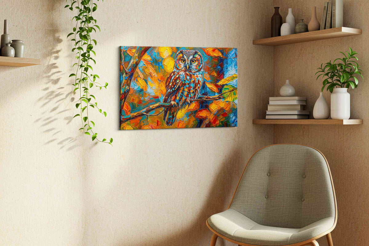 Vibrant Autumn Sentinel animals canvas print styled in a living room