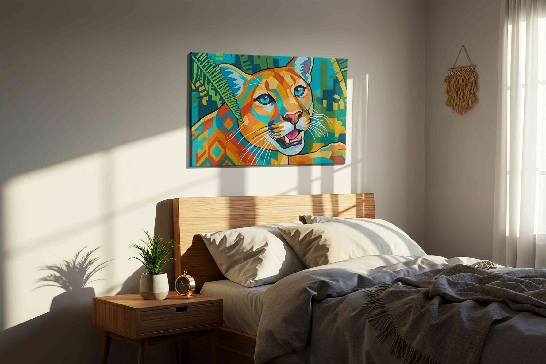 Vibrant Jungle Majesty animals canvas print, displayed in a bedroom