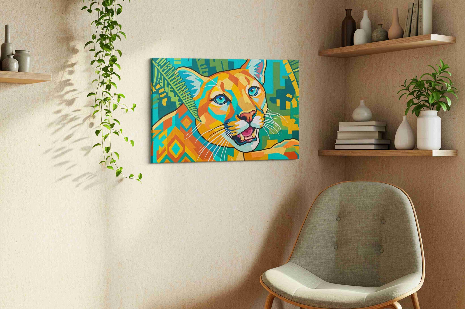 Vibrant Jungle Majesty animals canvas print styled in a living room