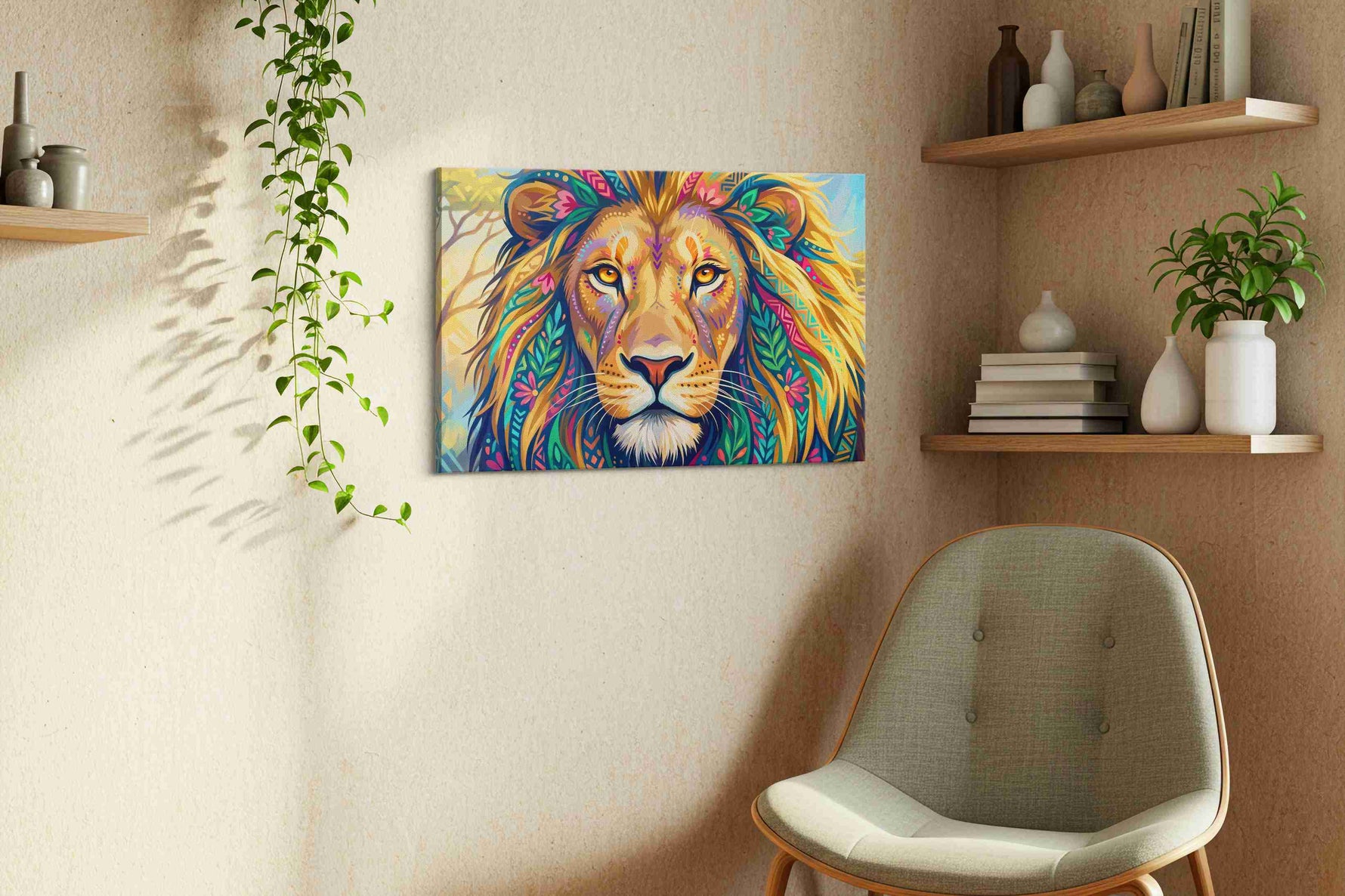 Vibrant Majesty II animals canvas print in a living room scene