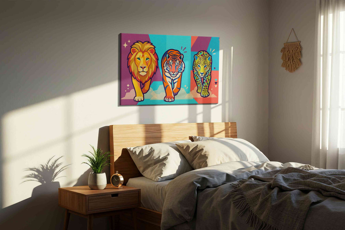 Vibrant Regal Trio animals canvas print, displayed in a bedroom