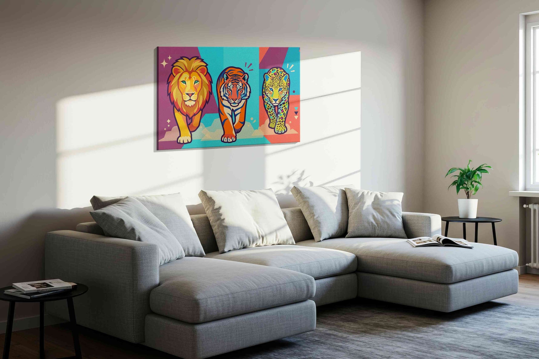 Vibrant Regal Trio animals canvas print, displayed in a living room