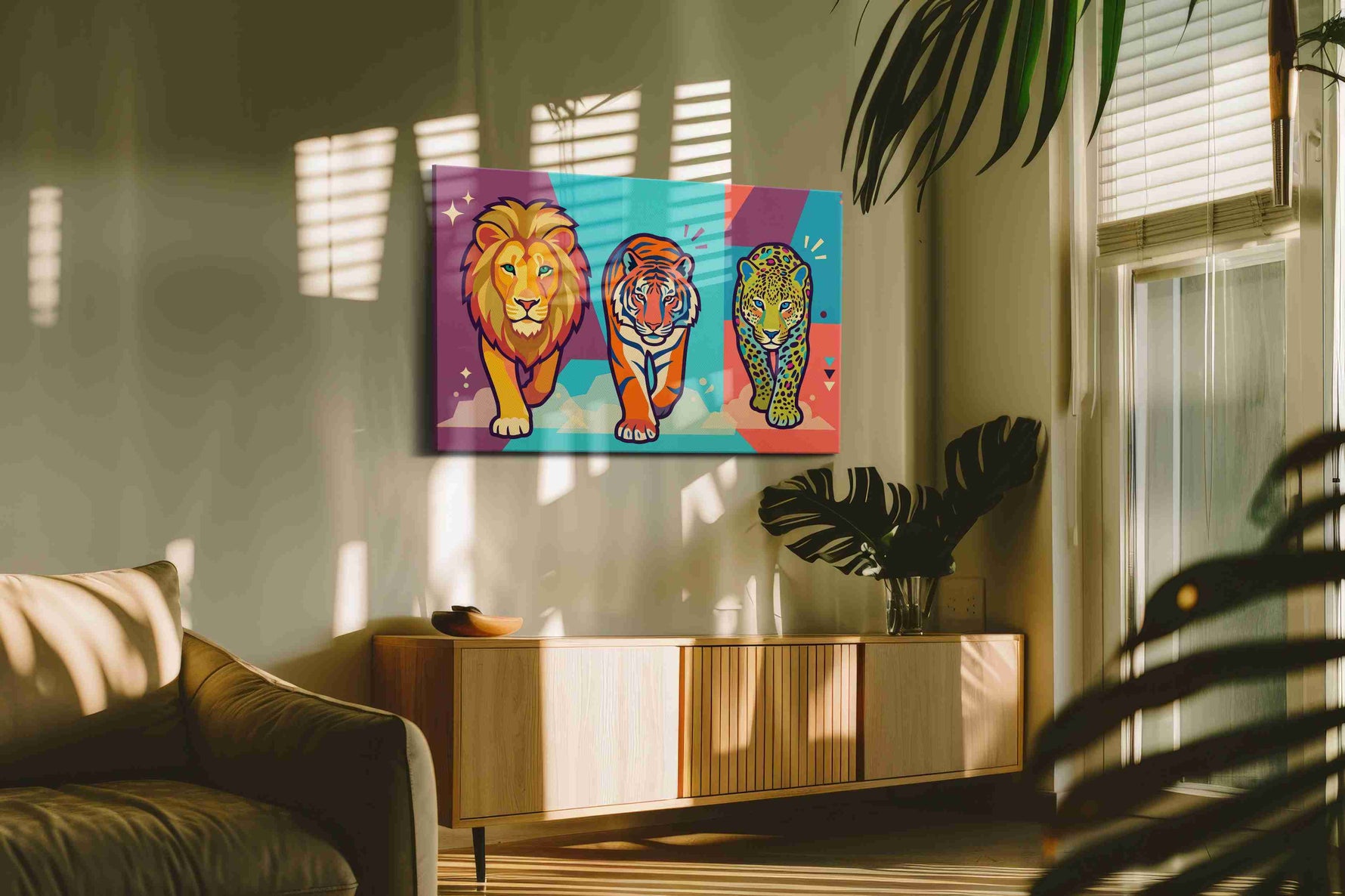 Vibrant Regal Trio animals canvas print, on wall, lifestyle preview