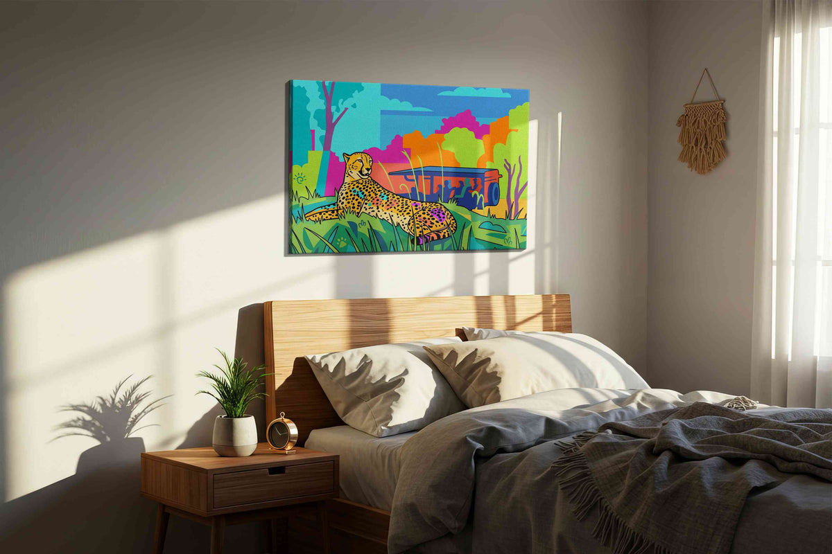 Vibrant Safari Siesta (Animals) - Animal Wall Art, Wildlife Canvas Print, Animal Lover Decor in a bedroom scene