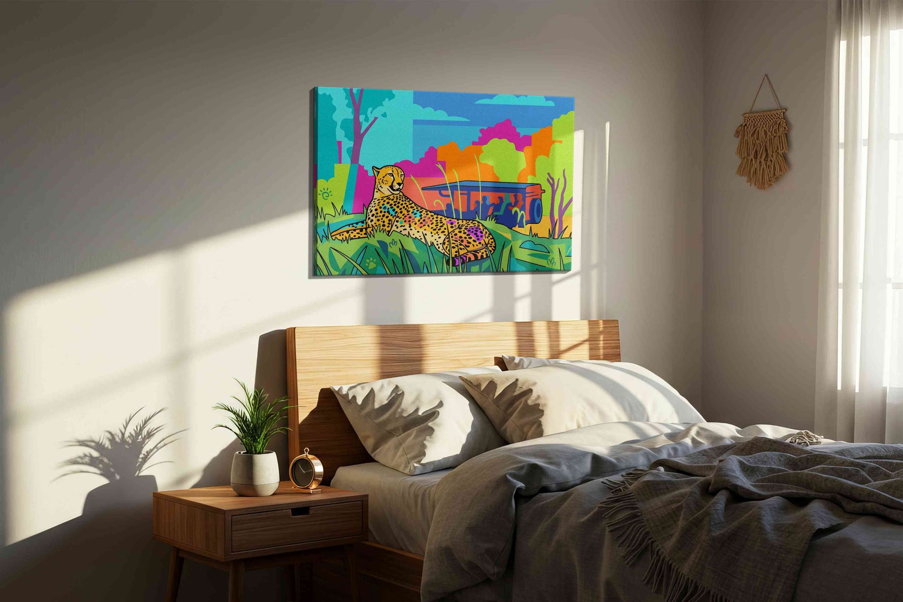 Vibrant Safari Siesta (Animals) - Animal Wall Art, Wildlife Canvas Print, Animal Lover Decor in a bedroom scene