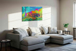 Vibrant Safari Siesta animals canvas print, displayed in a living room