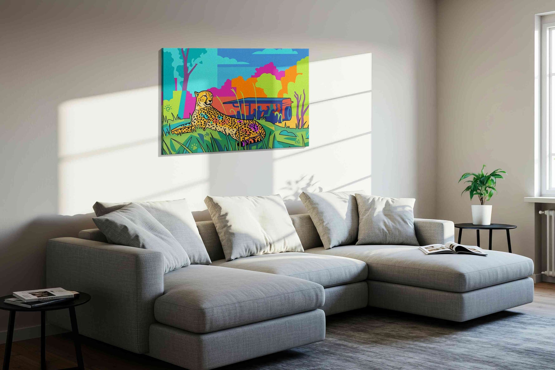 Vibrant Safari Siesta animals canvas print, displayed in a living room