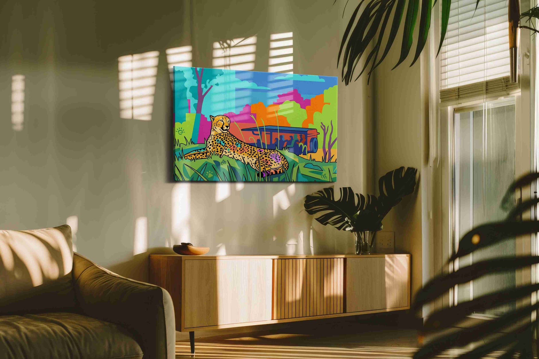 Vibrant Safari Siesta animals canvas print in a contemporary interior mockup
