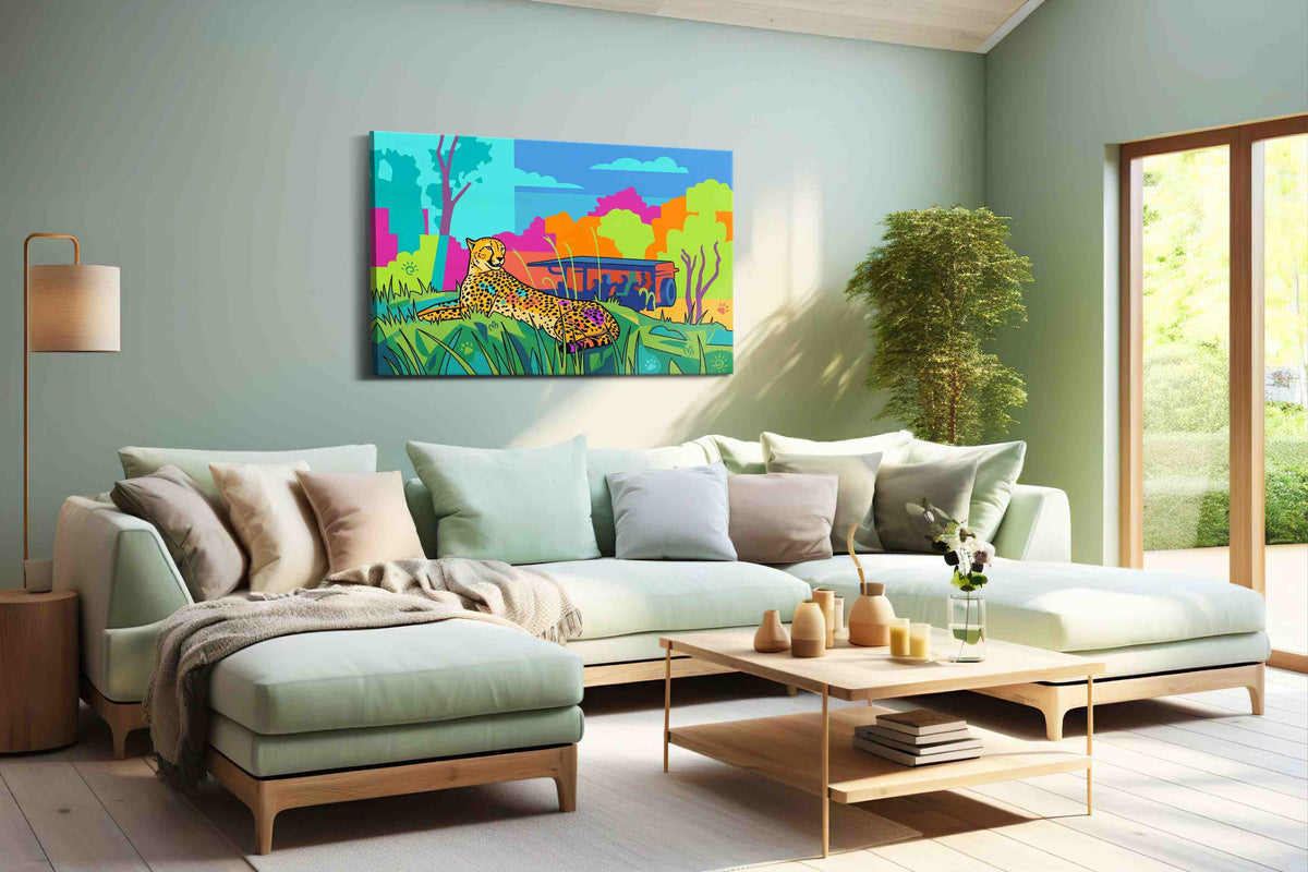 Vibrant Safari Siesta animals canvas print, hanging on wall