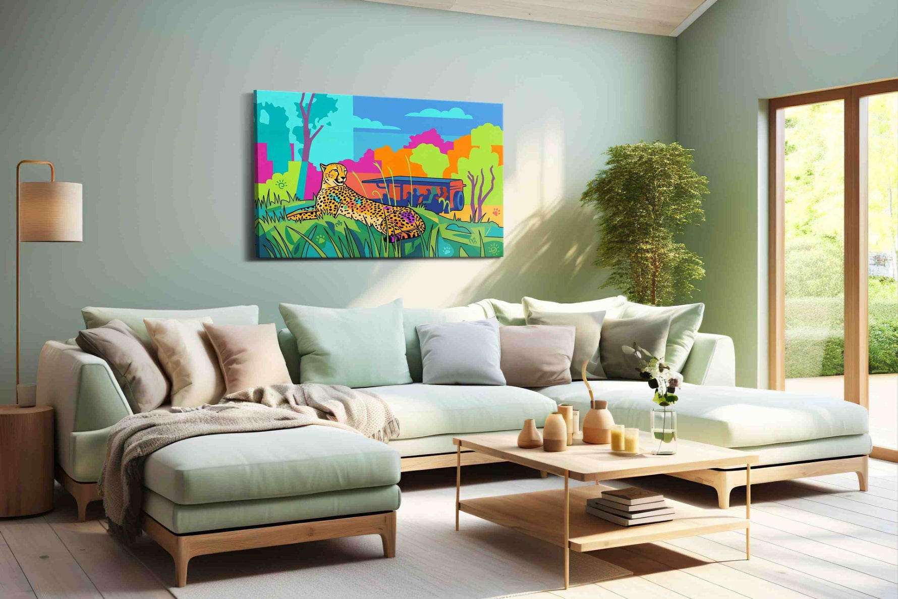 Vibrant Safari Siesta animals canvas print, hanging on wall