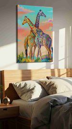 Whimsical Giraffe Serenade animals canvas print, displayed in a bedroom