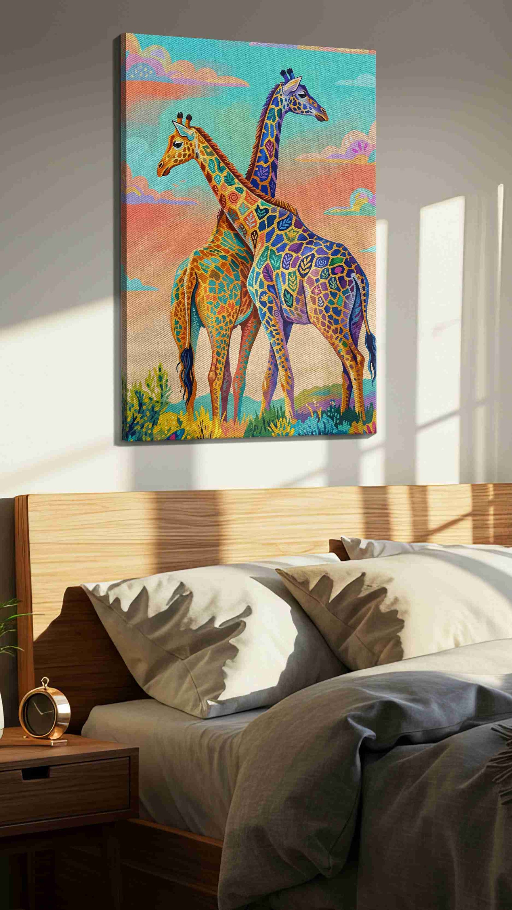 Whimsical Giraffe Serenade animals canvas print, displayed in a bedroom