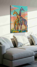 Whimsical Giraffe Serenade animals canvas print, displayed in a living room