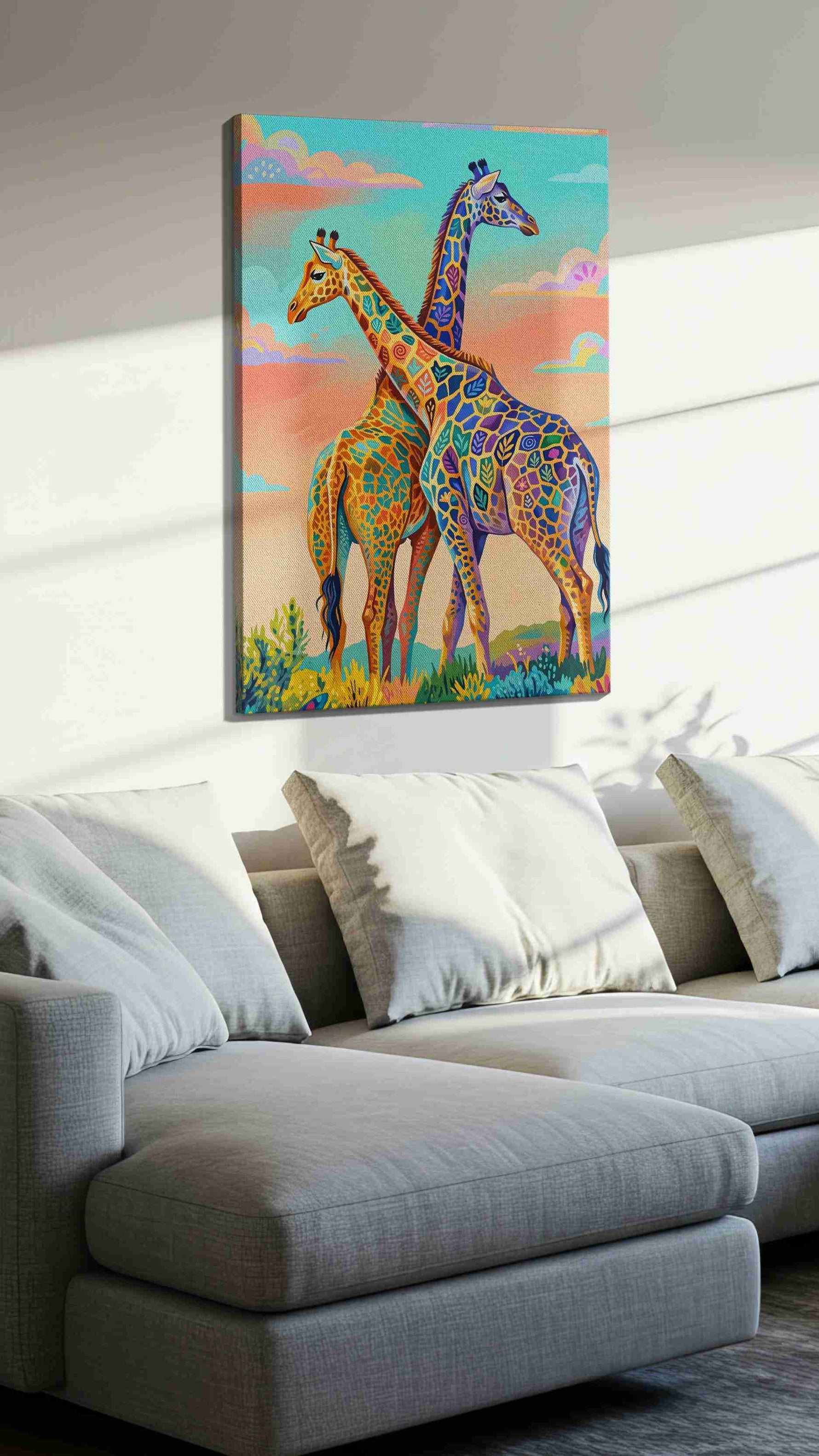 Whimsical Giraffe Serenade animals canvas print, displayed in a living room