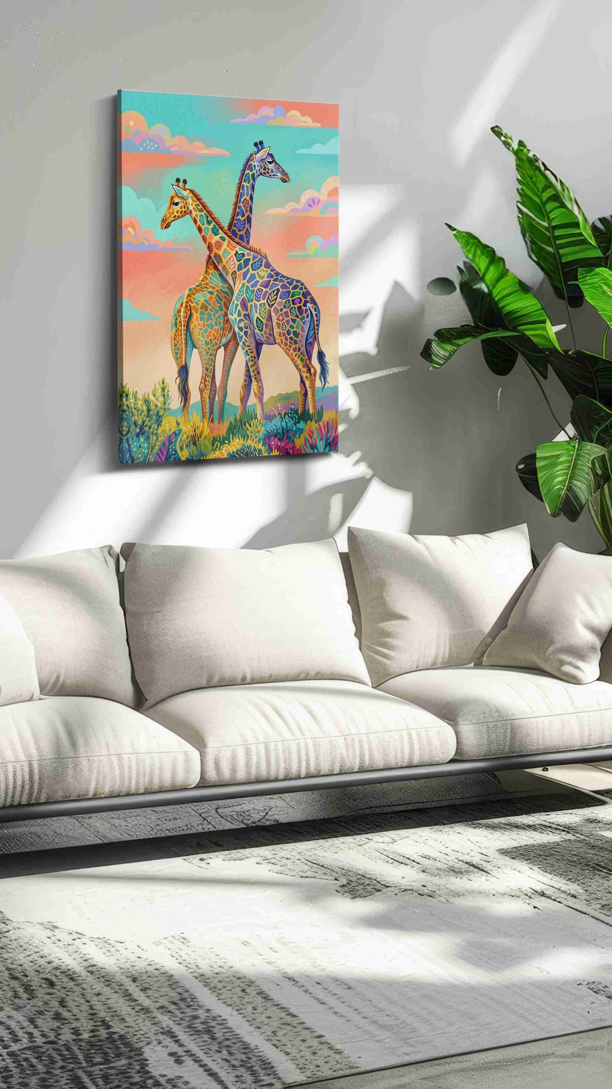 Whimsical Giraffe Serenade animals canvas print, on wall, lifestyle preview
