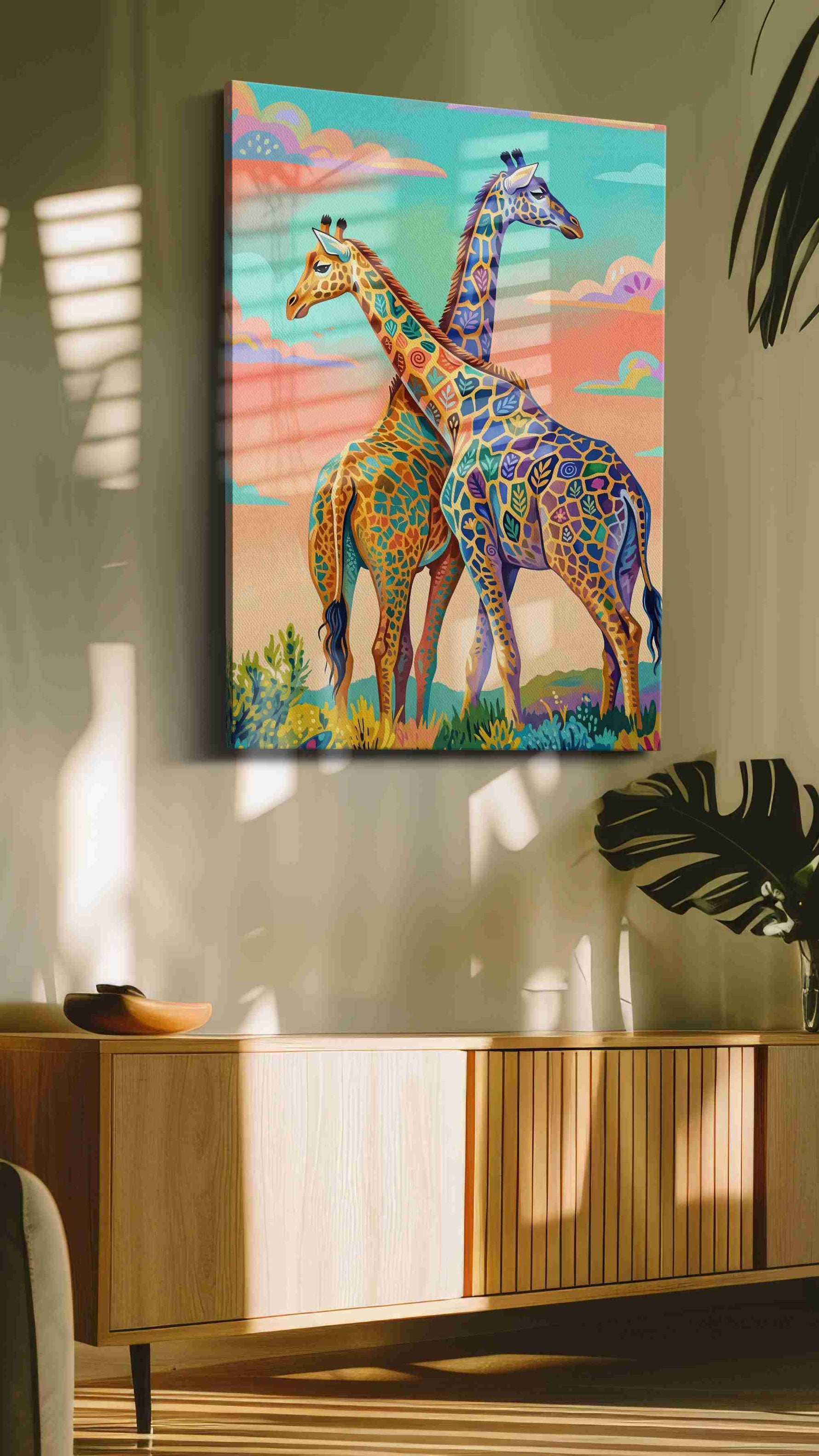 Whimsical Giraffe Serenade (Animals) - Animal Wall Art, Wildlife Canvas Print, Animal Lover Decor in a hung canvas mockup