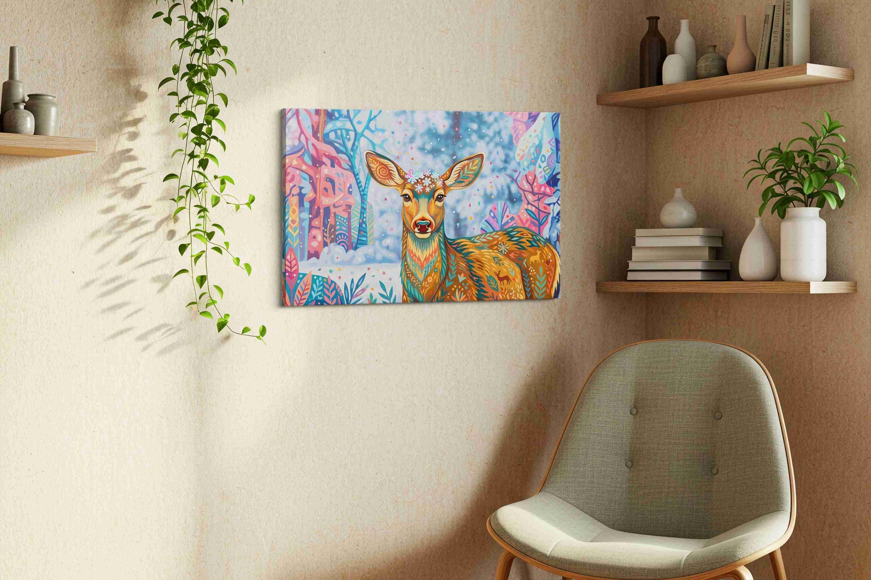 Whimsical Woodland Grace animals canvas print, displayed in a living room