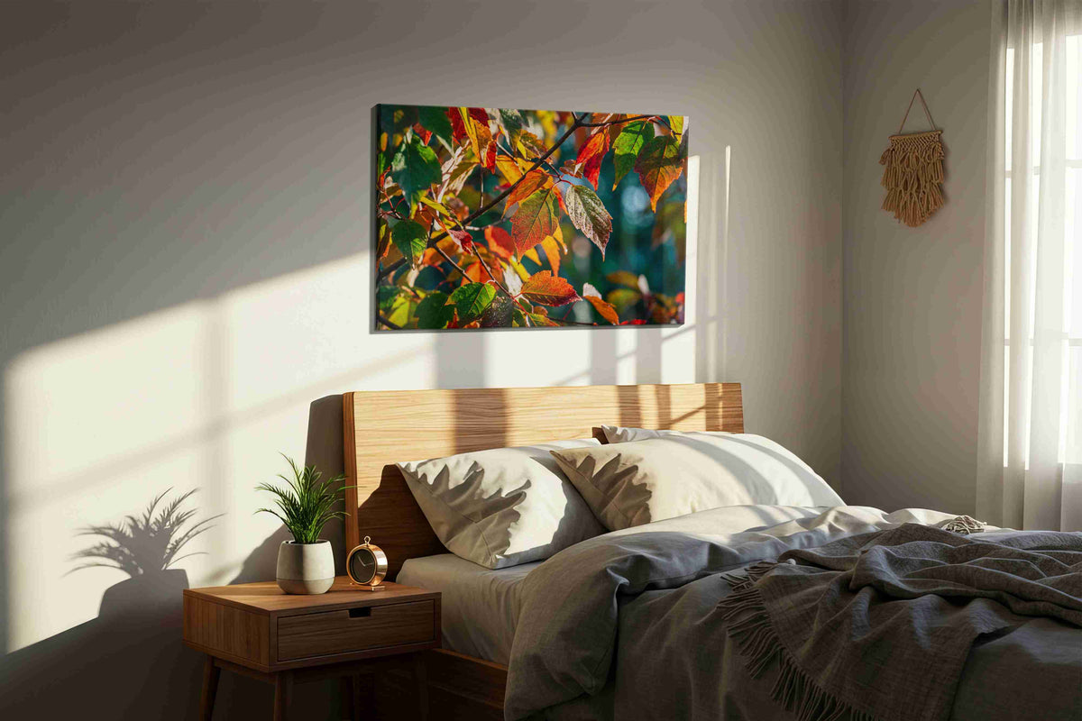 Autumn Symphony leaves canvas print, displayed in a bedroom