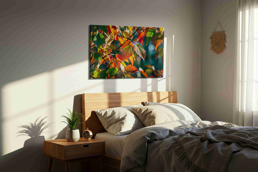 Autumn Symphony leaves canvas print, displayed in a bedroom
