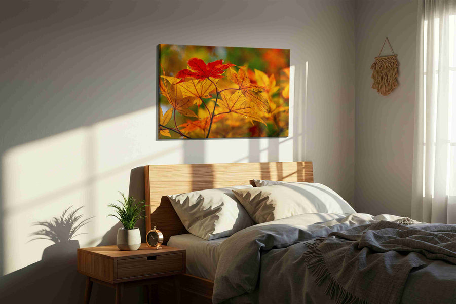 Autumn's Golden Symphony leaves canvas print, displayed in a bedroom