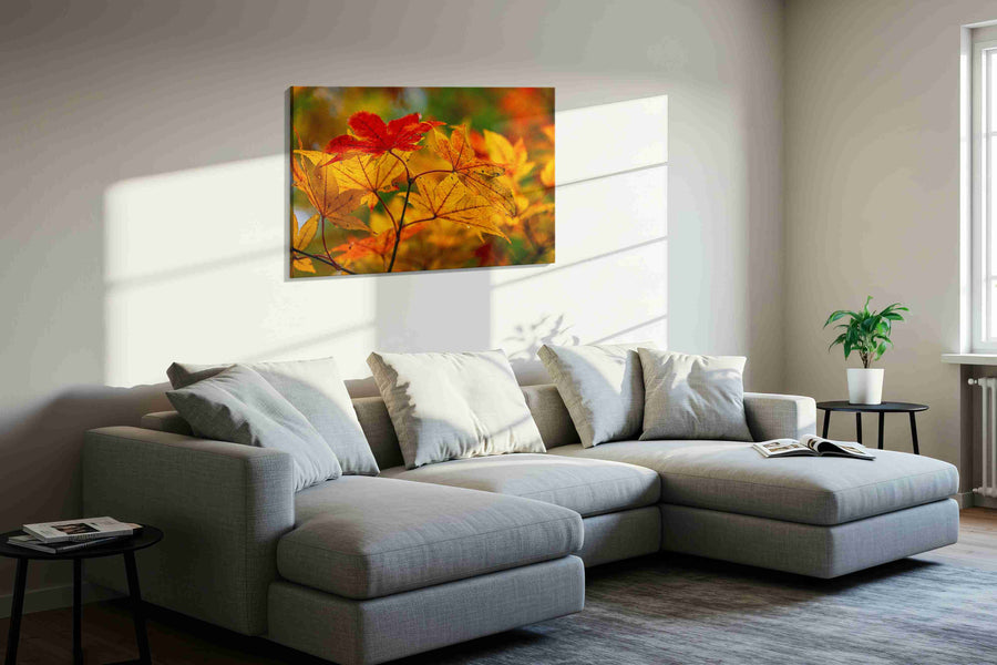 Autumn's Golden Symphony (Autumn) - Leaves, Leaf Wall Art, Botanical Canvas Print, Nature Decor in a living room scene