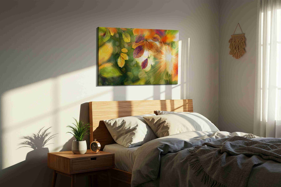 Eternal Autumn Radiance (Autumn) - Leaves, Leaf Wall Art, Botanical Canvas Print, Nature Decor in a bedroom scene