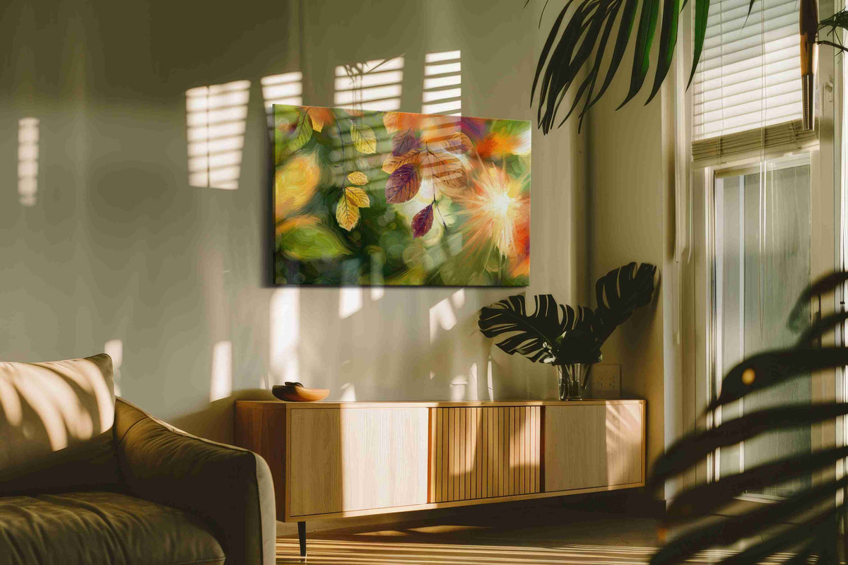 Eternal Autumn Radiance leaves canvas print in a hung canvas mockup