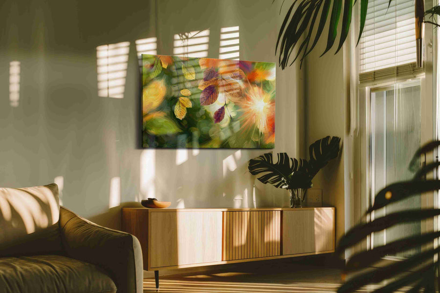 Eternal Autumn Radiance leaves canvas print in a hung canvas mockup