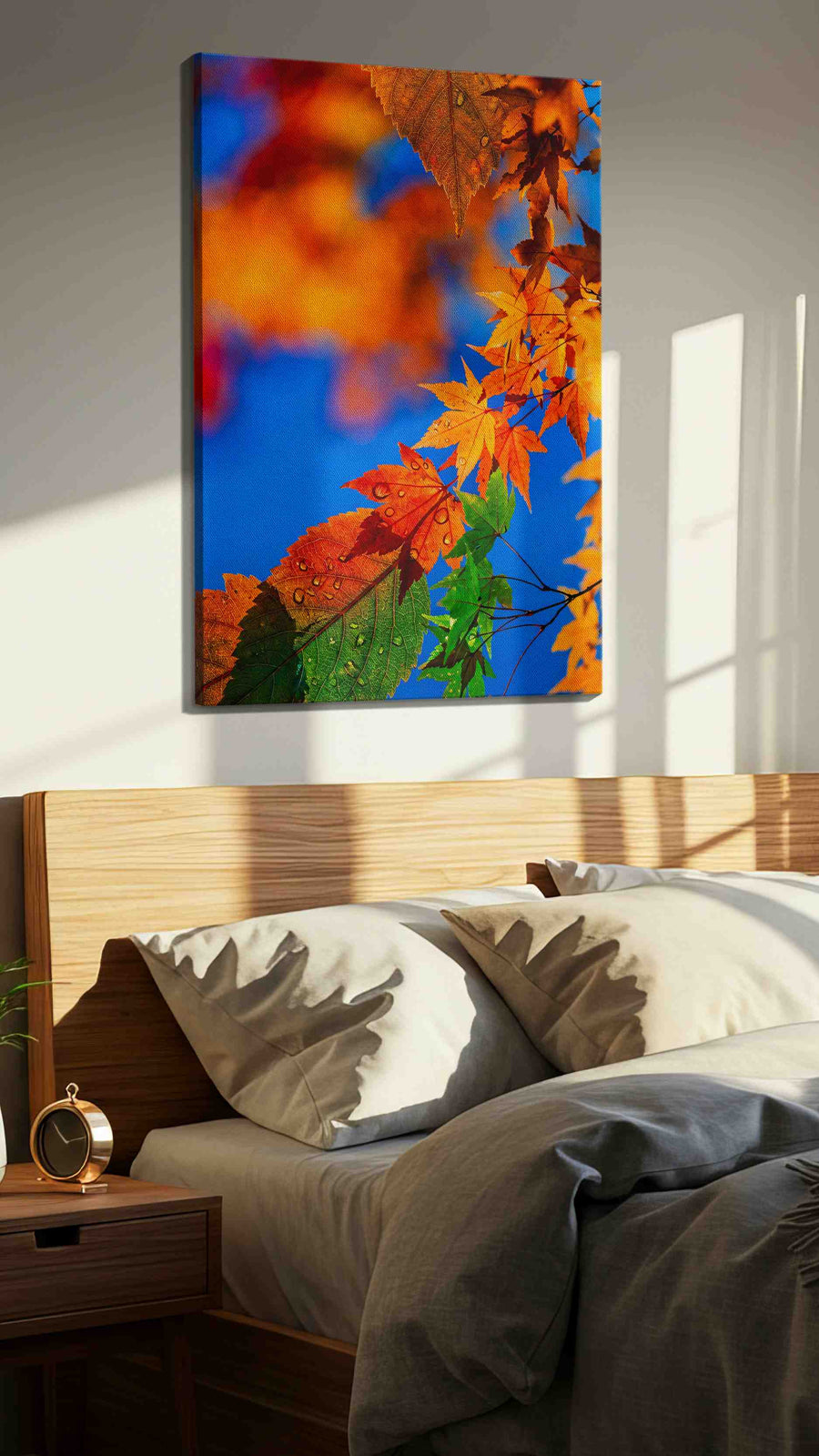 Eternal Autumn Symphony leaves canvas print, displayed in a bedroom