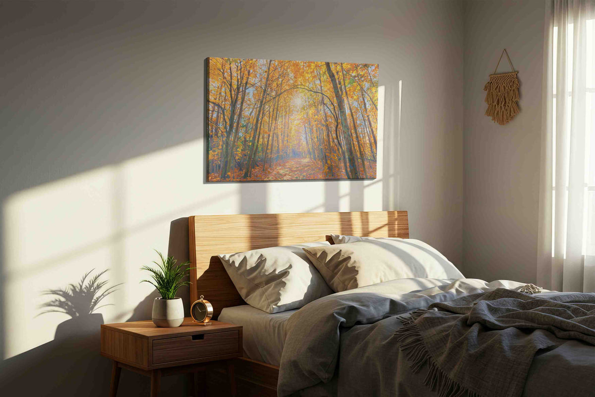 Golden Canopy of Autumn nature canvas print, displayed in a bedroom