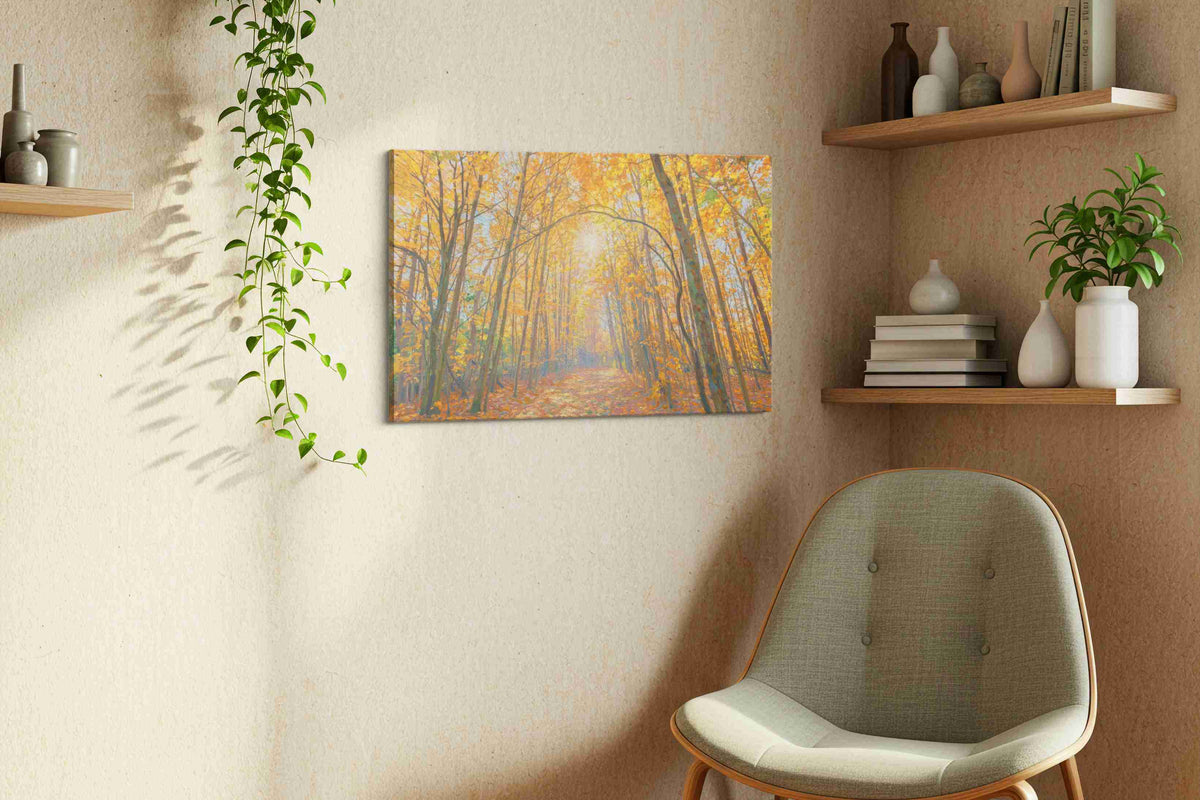 Golden Canopy of Autumn nature canvas print, displayed in a living room
