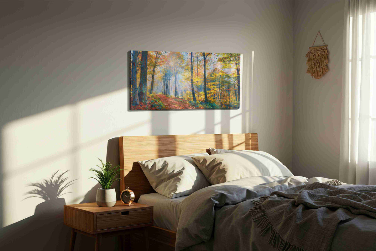 Luminous Autumn Pathway nature canvas print, displayed in a bedroom