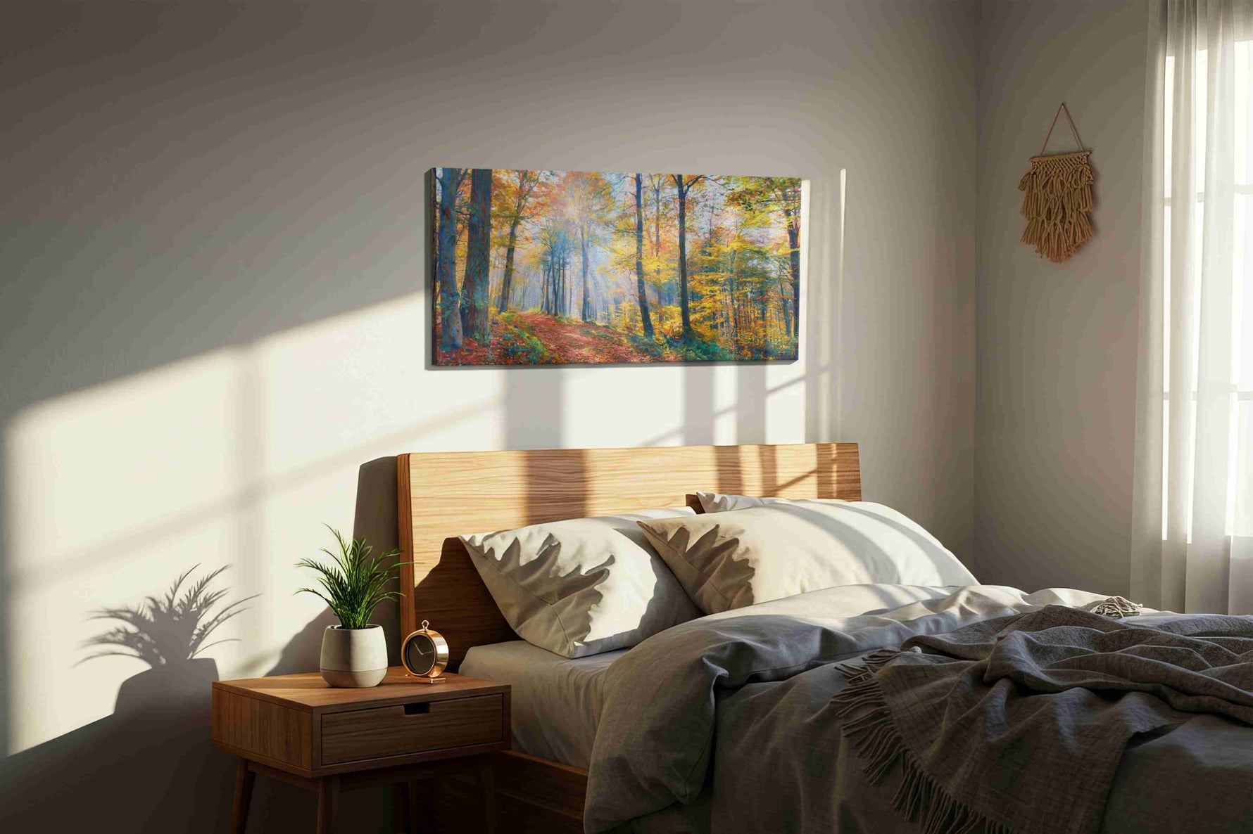 Luminous Autumn Pathway nature canvas print, displayed in a bedroom