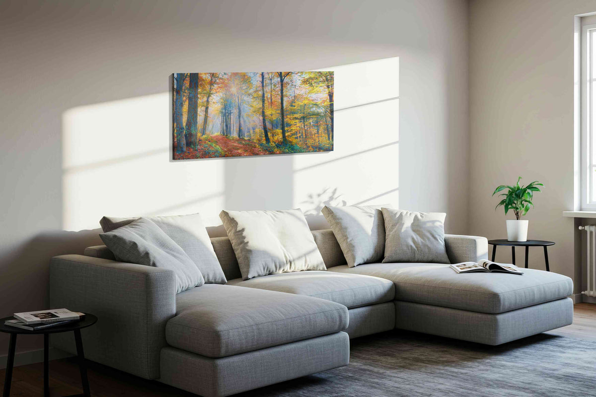 Luminous Autumn Pathway nature canvas print, displayed in a living room