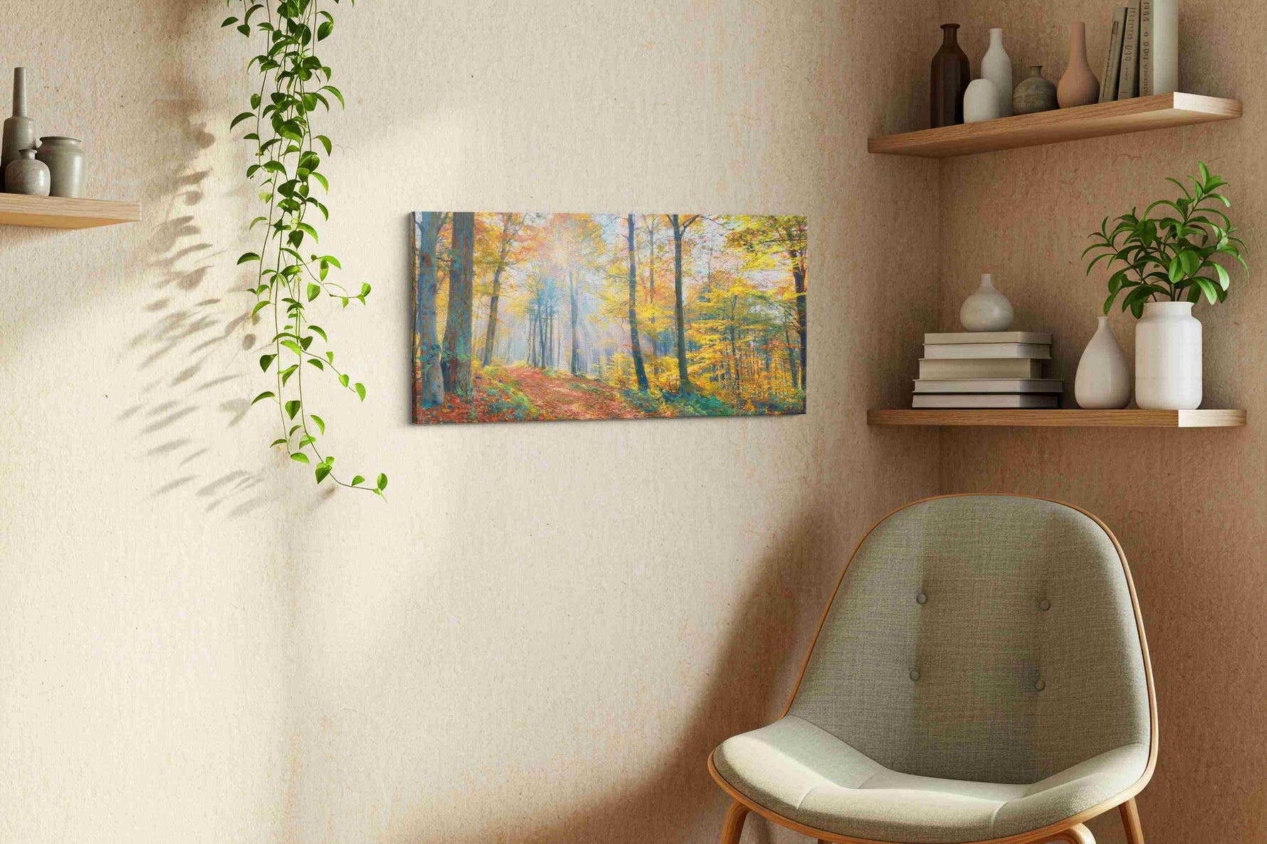 Luminous Autumn Pathway nature canvas print styled in a living room